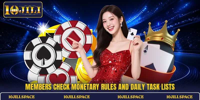 Members check monetary rules and daily task lists